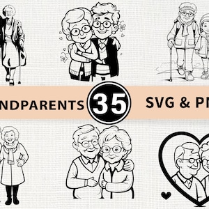 Könnte beinhalten: Schwarz-Weiß-Illustrationen von Großeltern in verschiedenen Posen. Das Bild enthält das Wort "GRANDPARENTS" und die Zahl "35" in einem Kreis. Der Text "SVG & PNG" ist ebenfalls vorhanden.