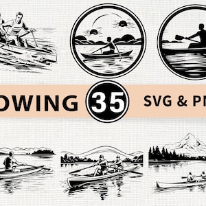 Puede incluir: Ilustraciones en blanco y negro de escenas de remo. La imagen muestra remeros en botes, ambientados en paisajes con agua, montañas y árboles. El texto incluye "ROWING 35 SVG & PNG".