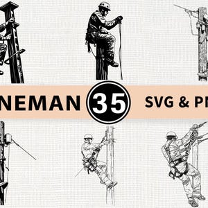 May include: Black and white illustrations of linemen working on power lines. The image includes multiple depictions of linemen climbing poles and working with equipment. Text reads "LINEMAN 35 SVG & PNG".