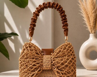 Hand-knitted mesh bag with bow detail, straw tote bag