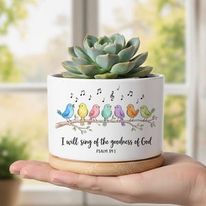 Kristen fågel suckulentplanter, Psalm 89:1 växtkruka, jag ska sjunga om Guds godhet, trosgåva, religiös heminredning