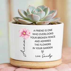 May include: White ceramic pot with a succulent plant, a wooden base, and a floral design. The pot has the name "Anna" and a quote about friendship. The text reads "A friend is one who overlooks your broken fence and admires the flowers in your garden."