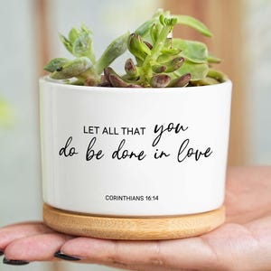 May include: A white ceramic plant pot with a succulent, set on a wooden base. The pot features the text "LET ALL THAT you do be done in love" and "CORINTHIANS 16:14" in black script. The pot is held in a person's hand.