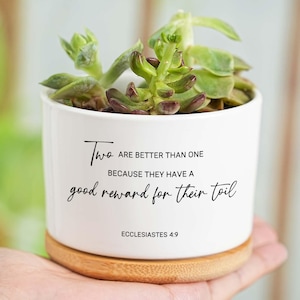 May include: A white ceramic plant pot with a succulent. The pot features the text "Two are better than one because they have a good reward for their toil" and "Ecclesiastes 4:9". It rests on a round, light brown wooden base.