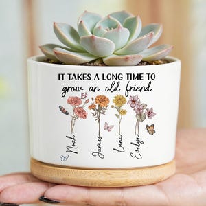Puede incluir: Una maceta cilíndrica de cerámica blanca con base de bambú que contiene una suculenta verde. La maceta presenta el texto "IT TAKES A LONG TIME TO grow an old friend" sobre cuatro ilustraciones florales con los nombres Noah, James, Luna y Evelyn.