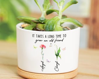 Custom Best Friend Birth Month Flower Plant Pot, Custom Friendship Floral Ceramic Pot, Besties Gift, Best Friend Gift, Friendship Gifts