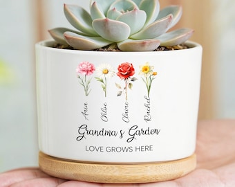 Cache-pot personnalisé pour grand-mère, pot pour maman avec fleur de naissance, mini cache-pot personnalisé pour maman, cadeau pour maman et enfant
