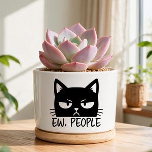 May include: A white cylindrical ceramic planter with a bamboo saucer base. The planter features a black graphic of a grumpy cat face and the text "EW. PEOPLE" printed in black. A light pink succulent plant is potted inside the container.