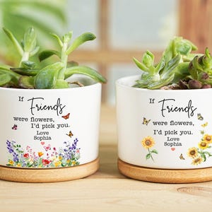 Op de afbeelding: Twee witte keramische bloempotten met vetplanten, elk op een houten voet. Eén heeft een bloemenontwerp, de andere zonnebloemen. Tekst luidt "If Friends were flowers, I'd pick you. Love Sophia."