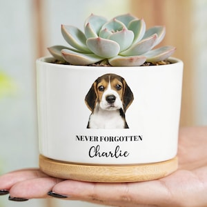 Puede incluir: Una maceta de cerámica blanca con un retrato de cachorro beagle, las palabras "NEVER FORGOTTEN" y el nombre "Charlie". La maceta contiene una planta suculenta y se asienta sobre una base de madera.