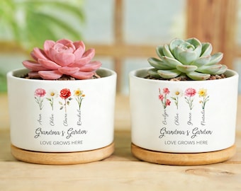 Custom Grandmas Garden Plant Pot, Personalized Birth Flower Ceramic Planter,Birth Month Flower Pot,Mom Gifts from Daughter,Grandma Gift