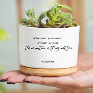 May include: A white ceramic planter with a succulent plant, on a wooden base. The planter has the text "NOW FAITH IS THE ASSURANCE OF THINGS HOPED FOR the conviction of things not seen +HEBREWS 11:1" in black script.