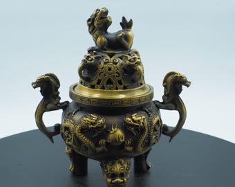 Antique-Style Pure Copper Incense Burner, Double Dragon Playing with Pearl Design