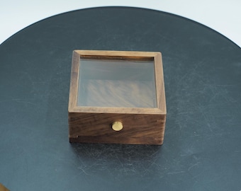 Walnut Glass-Top Keepsake Box, Brass Knob, Jewelry Organizer