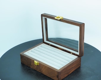 Black Walnut Ring & Earring Jewelry Box, Compact Wooden Storage Organizer