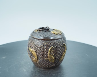 Vintage Brass Gilt Carp Tea Caddy, Small Item Storage Jar, Moisture and Pest-Proof Container