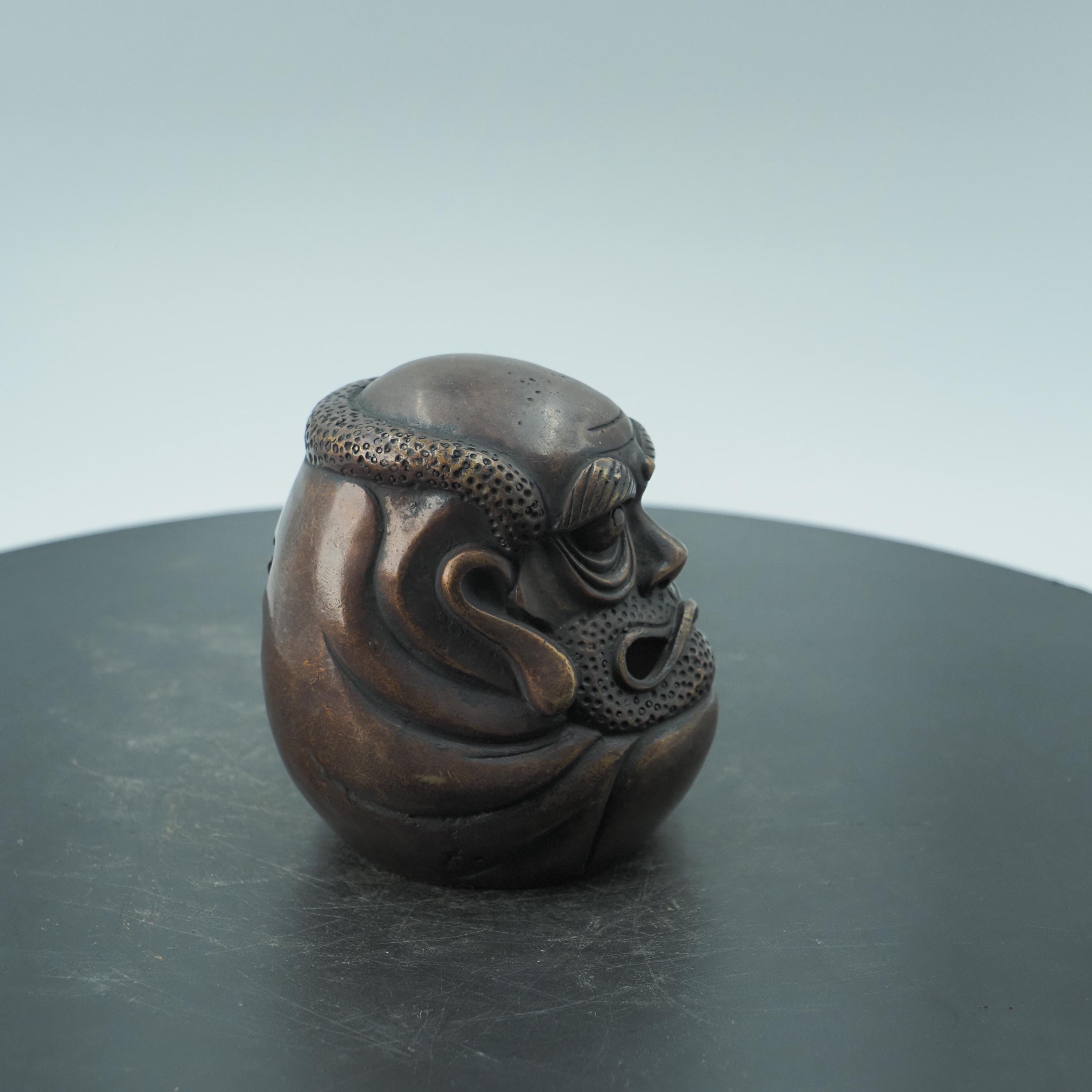 Vintage Copper Daruma Bodhidharma Statue, Miniature Incense Burner