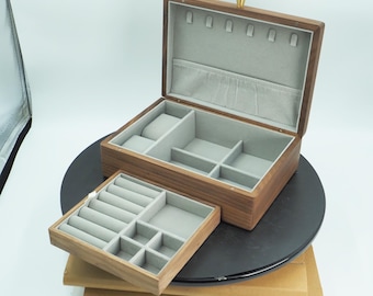 Black Walnut Jewelry Box, Double-Layer Multi-Compartment Storage for Necklaces, Watches & Rings