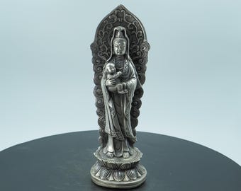 Versilberte Kupfer Guanyin Statue - Vintage Style Backlit Bodhisattva