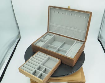 Black Walnut Double-Layer Jewelry Box, Multi-Compartment Storage Organizer