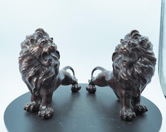 Pair of Majestic Pure Copper Lion Statues, Bank Entrance Guardians