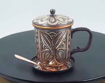 Hand-Hammered and Chased Copper Tea Mug with Lid and Saucer