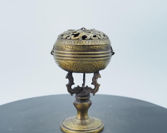 Copper Tiger Pattern Pierced Incense Burner with Candle Upright Base and Storage Holder