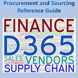May include: A digital graphic with the text "Microsoft Dynamics 365 for Finance & Operations Procurement and Sourcing Reference Guide." The image features a word cloud with terms like "Finance," "Sales," and "Supply Chain."