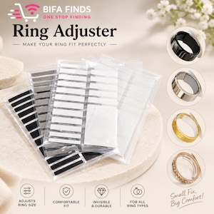 May include: A set of adhesive ring adjusters in black, grey, and clear strips packaged in clear plastic sheets. The image includes text labels: BIFA FINDS, Ring Adjuster, MAKE YOUR RING FIT PERFECTLY, Small Fix, Big Comfort, and icons for ring sizing.