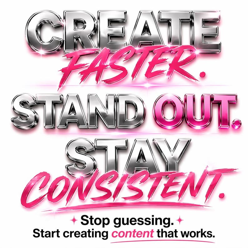 May include: A graphic with the words "CREATE FASTER. STAND OUT. STAY CONSISTENT." in silver and pink lettering. Below, it reads "Stop guessing. Start creating content that works."