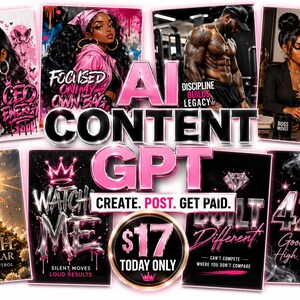 May include: A collage of images with text, including "AI CONTENT GPT" in pink and silver. Other images feature a cartoon character, a person working on a laptop, and motivational quotes. The overall theme is centered around business and self-improvement.
