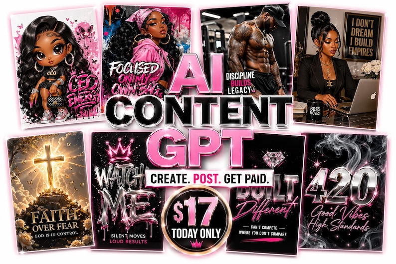 May include: A collage of images with text, including "AI CONTENT GPT" in pink and silver. Other images feature a cartoon character, a person working on a laptop, and motivational quotes. The overall theme is centered around business and self-improvement.