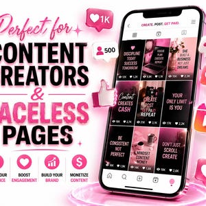 May include: A smartphone displays a social media interface with pink accents and text. The image promotes content creation and faceless pages, with icons for audience growth, engagement, brand building, and content monetization.