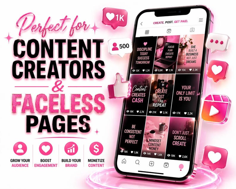 May include: A smartphone displays a social media interface with pink accents and text. The image promotes content creation and faceless pages, with icons for audience growth, engagement, brand building, and content monetization.