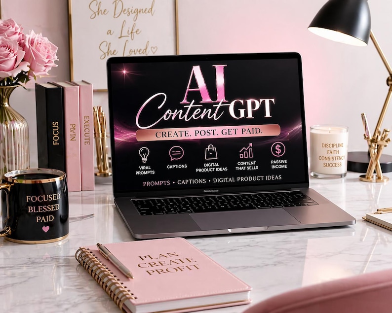 May include: A workspace featuring a laptop displaying "AI Content GPT" with icons and text. A pink notebook with "Plan Create Profit" is in the foreground. A black mug with gold accents and the words "Focused Blessed Paid" sits to the left. Pink roses and books are also present.