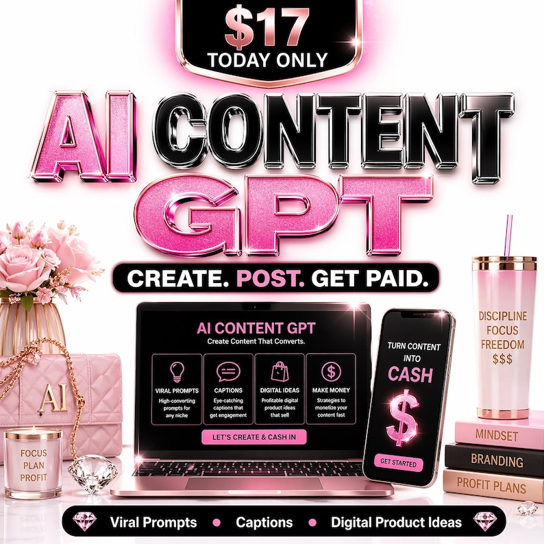May include: A promotional image with the text "AI CONTENT GPT" in pink and black. The image includes a laptop, smartphone, and accessories, promoting content creation. The phrase "CREATE. POST. GET PAID." is also visible.