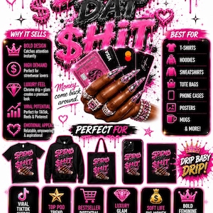 May include: A promotional graphic with the text "SPEND DAT SHIT" in pink dripping font. The image promotes streetwear, featuring t-shirts, hoodies, tote bags, and phone cases. The design includes credit cards and the phrase "Money come back around."