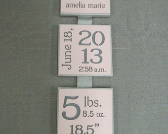 Personalized Triple Block Birth Information Plaque for Boys and Girls, handmade