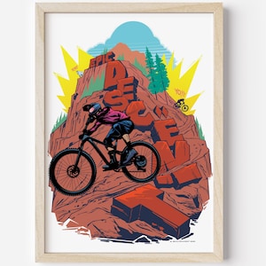 Epic Descent: Mountain Bike Art poster w/ stylized graphics. Gift for bicycle enthusiast, outdoor lover, decor image of adventure and fun.