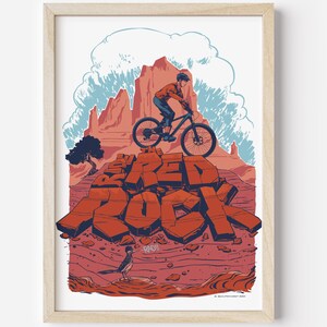 Ride the Red Rock: Mountain Bike Art poster w/ stylized graphics. Gift for bicycle enthusiast or outdoor lover, image of adventure and fun.