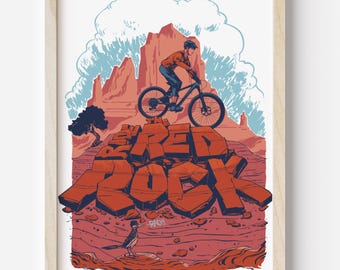 Ride the Red Rock: Mountain Bike Art poster w/ stylized graphics. Gift for bicycle enthusiast or outdoor lover, image of adventure and fun.