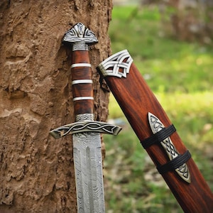 Espada larga vikinga hecha a mano – Réplica nórdica estilo Damasco con vaina