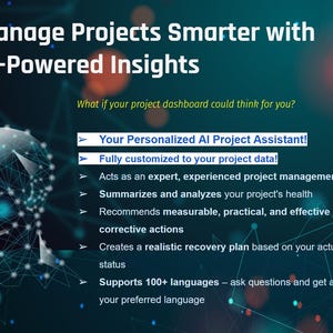 May include: A promotional graphic with the text "Manage Projects Smarter with AI-Powered Insights." It features a stylized head graphic and bullet points describing AI project management features, including language support.