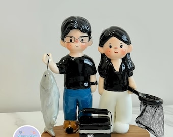 Fishing Couple Clay Cake Topper – Personalized Handmade Figurine