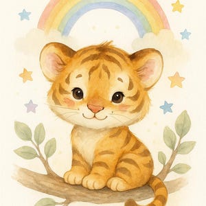 Cute Baby Tiger Nursery Wall Art – Watercolor Jungle Animal Printable Poster – Pastel Safari Kids Room Decor – Digital Download