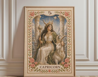 Spirituele muurdecoratie - Steenbok sterrenbeeld kunstprint, boho bloemenkunst, astrologische print, mystieke botanische vintage poster voor hemelse huisdecoratie