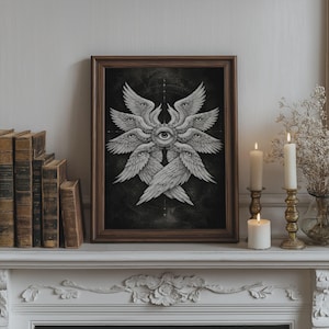 Black and white biblical angel wall art featuring a many-winged seraphim form with eyes in the wings and a central all-seeing eye on a dark celestial background.