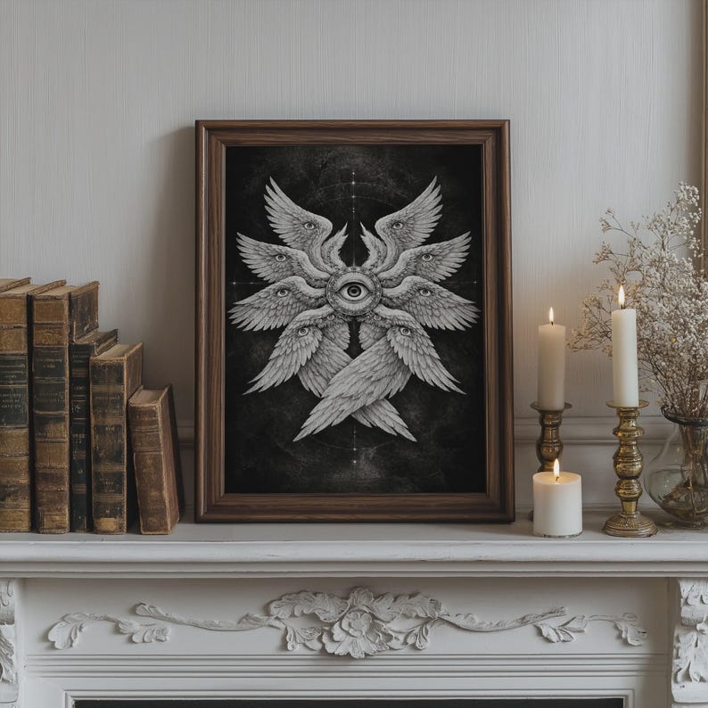 Black and white biblical angel wall art featuring a many-winged seraphim form with eyes in the wings and a central all-seeing eye on a dark celestial background.