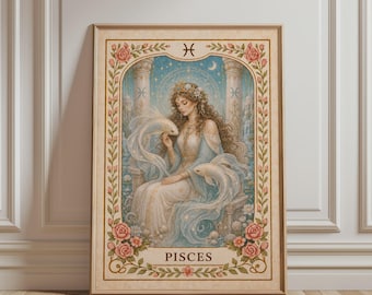 Spirituele muurdecoratie - Kunstprint met het sterrenbeeld Vissen, boho bloemenkunst, astrologische print, mystieke botanische vintage poster voor een hemelse woondecoratie