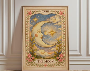 Spirituele muurdecoratie - Maan tarotkaart print, boho bloemenkunst, sterrennacht print, mystieke botanische vintage poster voor hemelse huisdecoratie